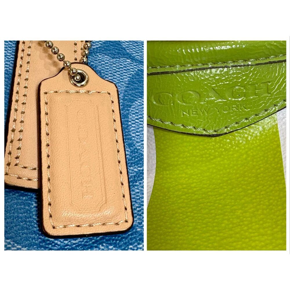 COACH  - Signature Stripe Drawstring Carryall Bag in Blue w/Lime Green Trim - Picture 13 of 14